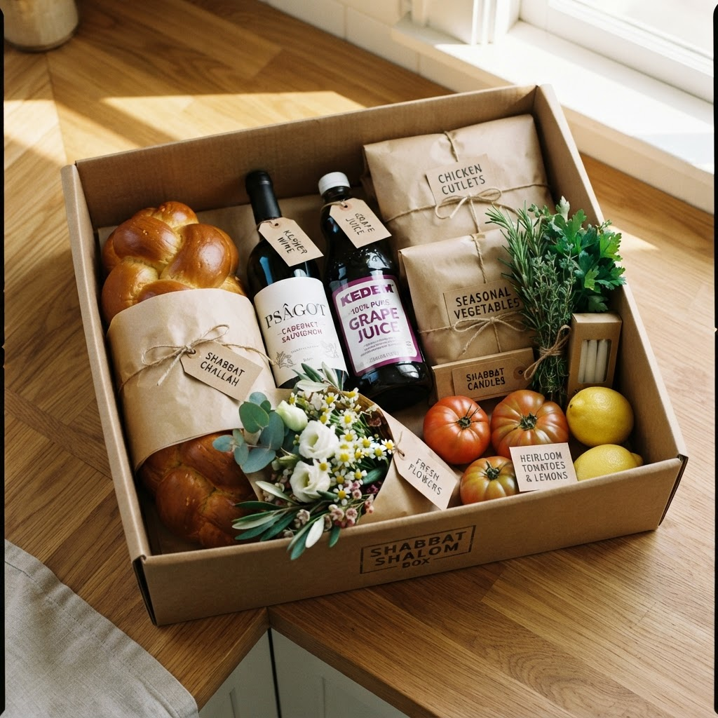 An open ShabbatReady delivery box: challah, wine, butcher packages, produce, and flowers
