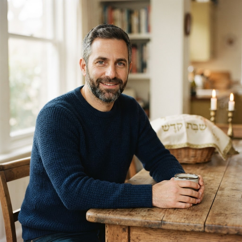 Portrait of the ShabbatReady founder at his kitchen table