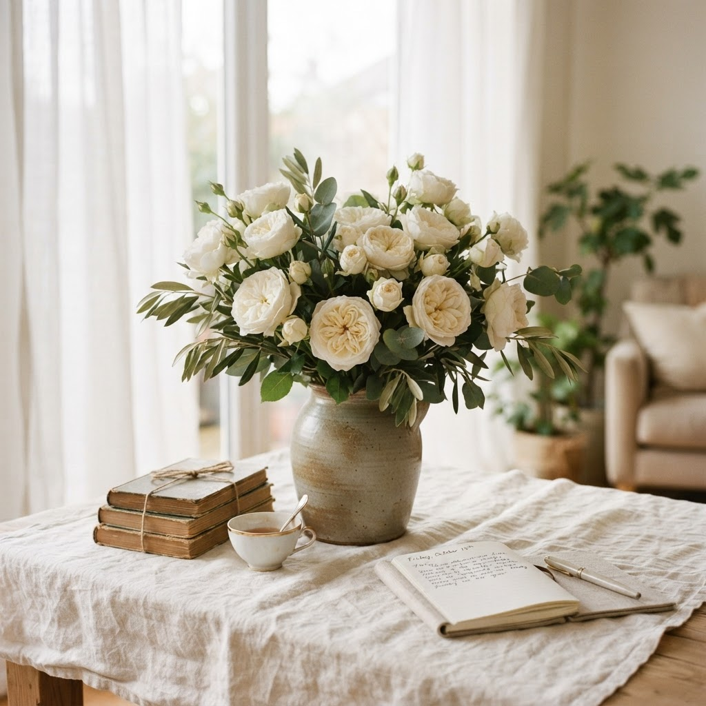 Fresh flowers on a linen table in Friday afternoon light