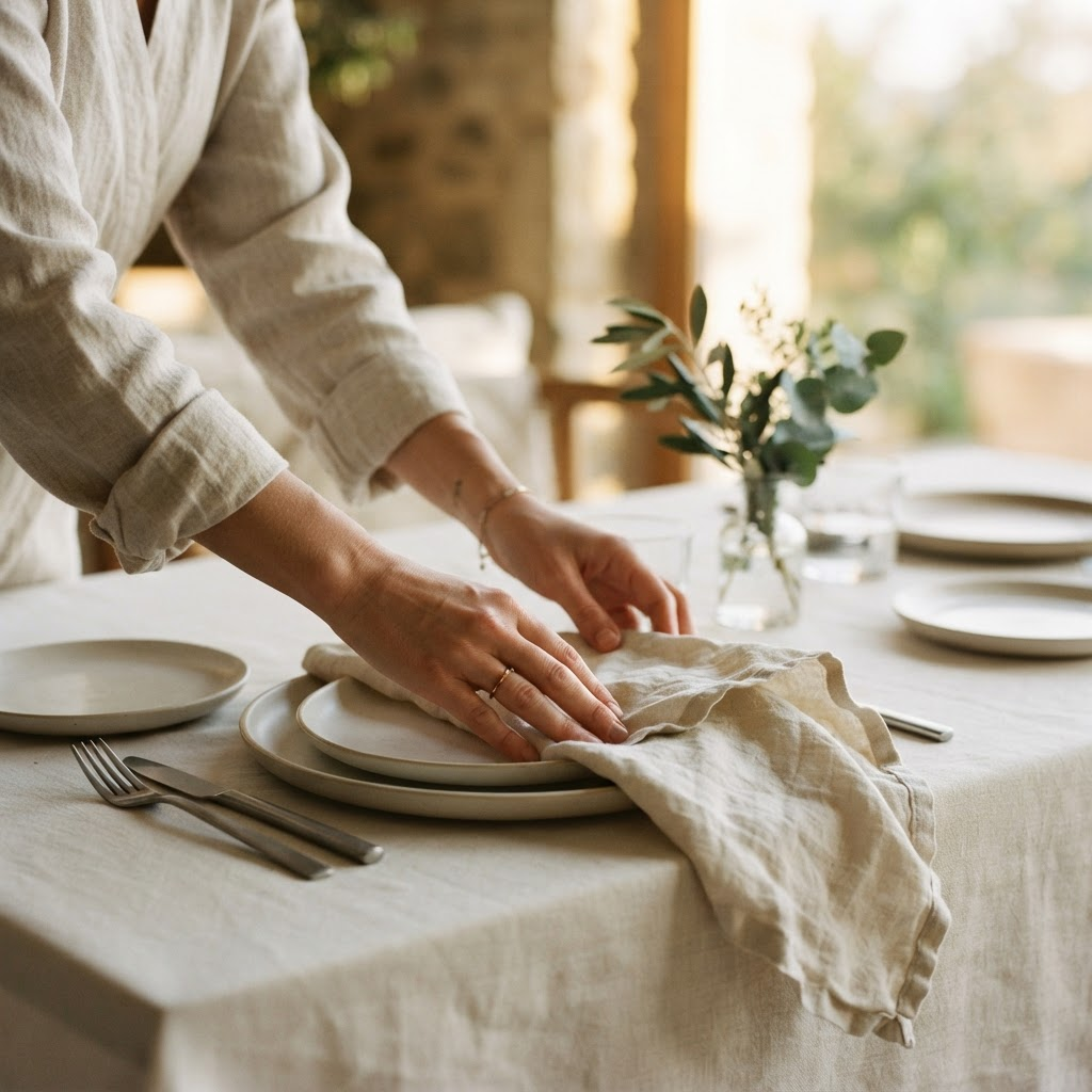 Hands smoothing a linen napkin while setting the table