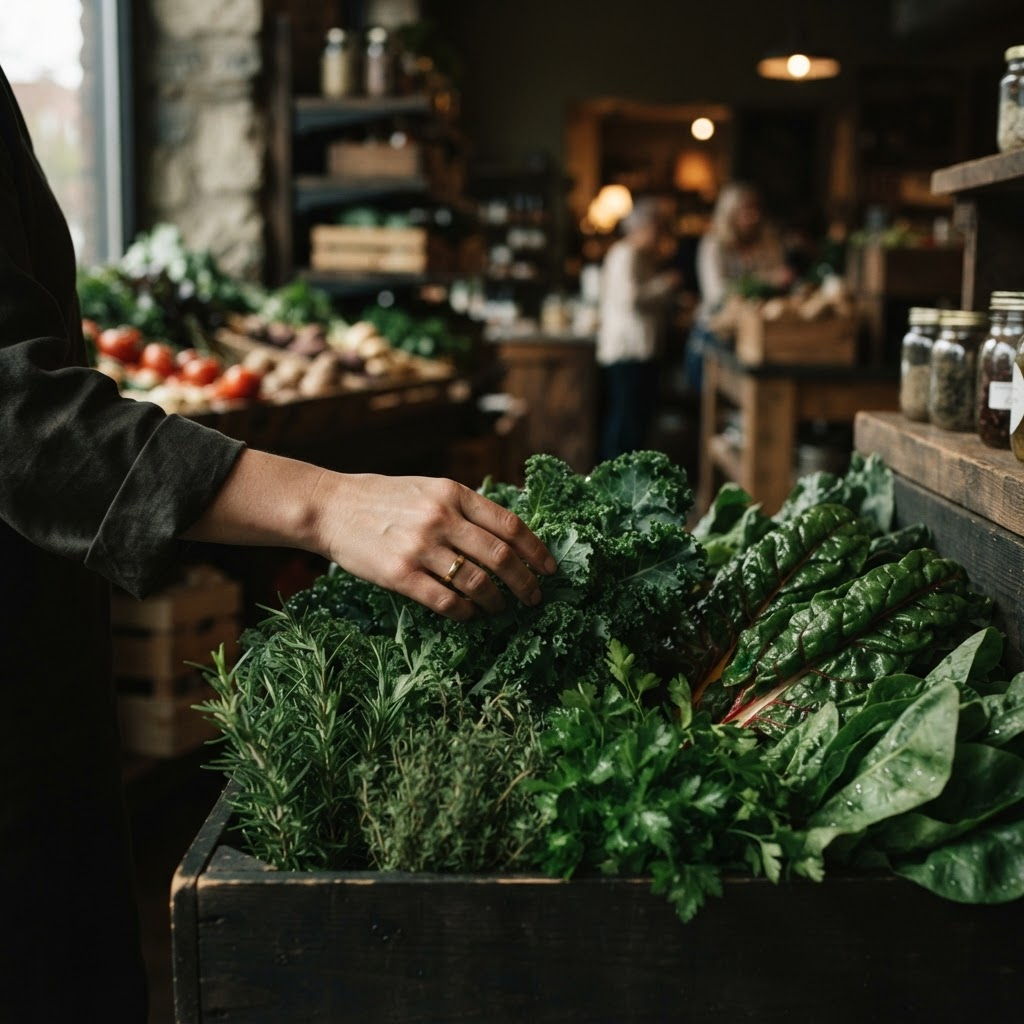 A hand thoughtfully selecting fresh produce at a quiet market