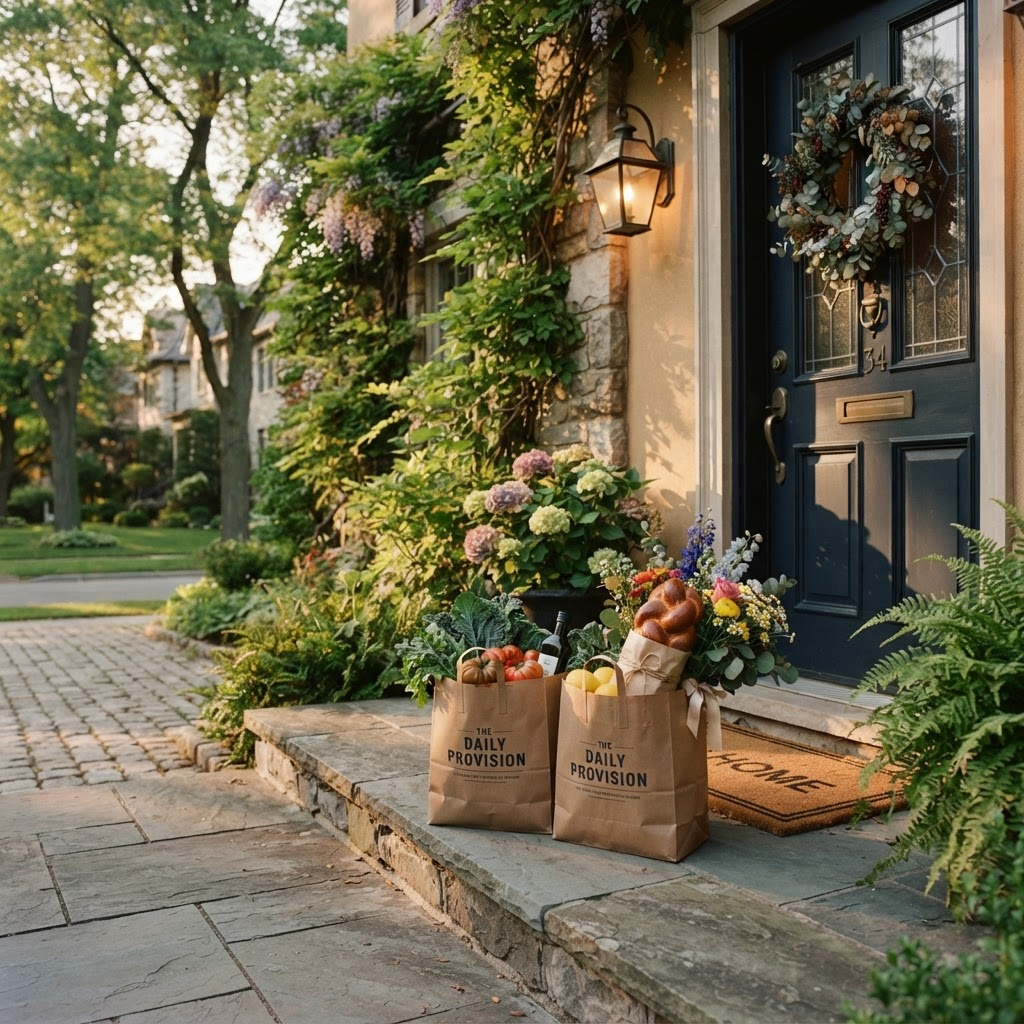 Groceries and flowers delivered to a front door in golden-hour light