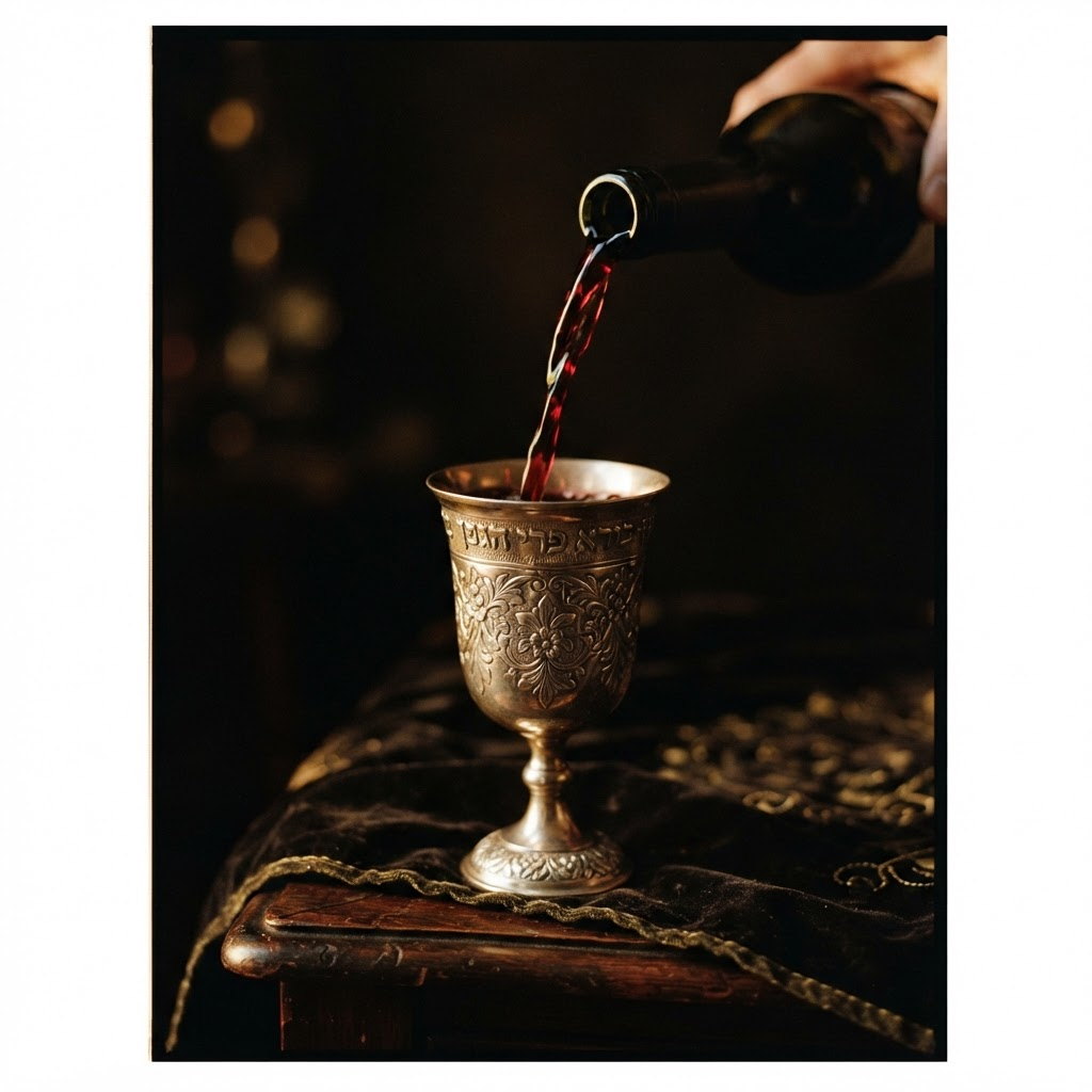 Kosher wine being poured into a silver kiddush cup